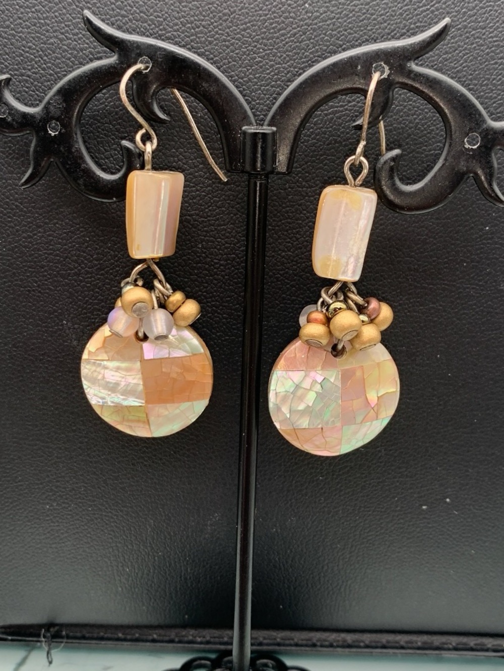 Vintage Handcrafted Iridescent mosaic Peach Shell Drop Earrings